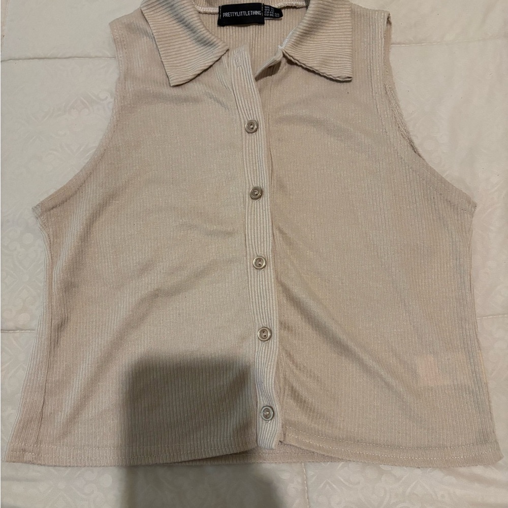 PrettyLittleThing Tan Sleeveless Button Down Shirt